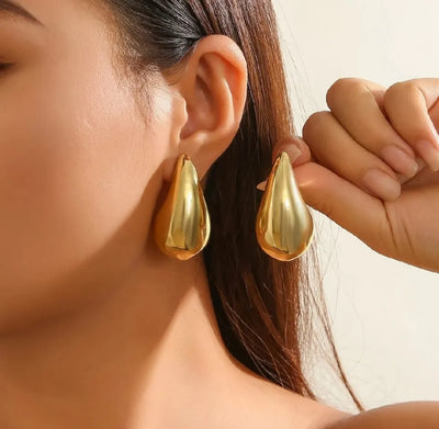 Tear Drop Earrings Golden & Silver Glossy Shine Earrings, Chunky Dome Drop Hallow Stud
