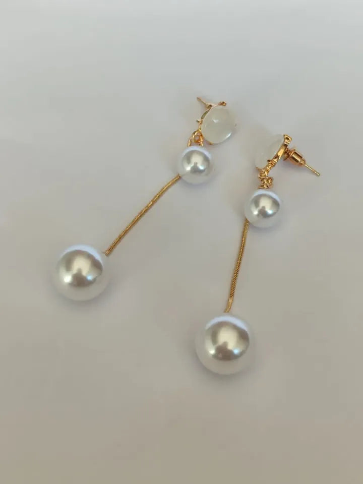 D-10 Twin Pearl Earrings with Gemstone & Golden Chain Shine Earrings| Double Pearl Drop Earrings Trendy Fashion | Light Weight for Ladies / Girls / Women / Artificial Jewelry
