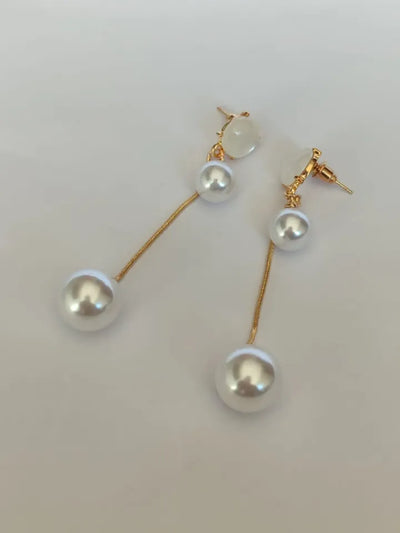 D-10 Twin Pearl Earrings with Gemstone & Golden Chain Shine Earrings| Double Pearl Drop Earrings Trendy Fashion | Light Weight for Ladies / Girls / Women / Artificial Jewelry