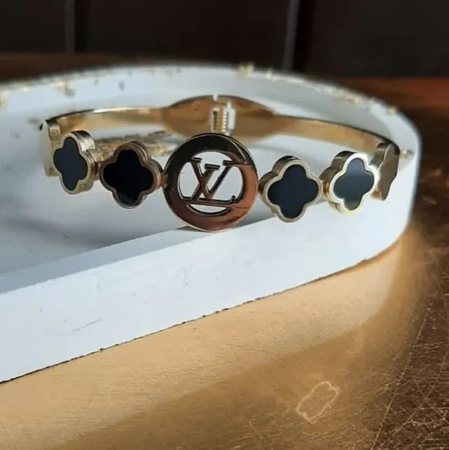 GK-019-LV Golden Karra with LV Logo & Four Leaves, Openable Arm Bangle, Premium Quality, Beautiful Shiny Elegant, Stainless Steel Arm Bangle.