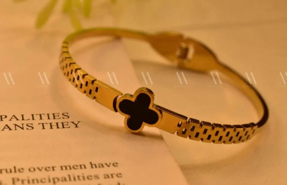 GK-020 Golden Karra with 1 Small Leaf, Openable Arm Bangle, Premium Quality, Beautiful Shiny Elegant, Stainless Steel Arm Bangle.