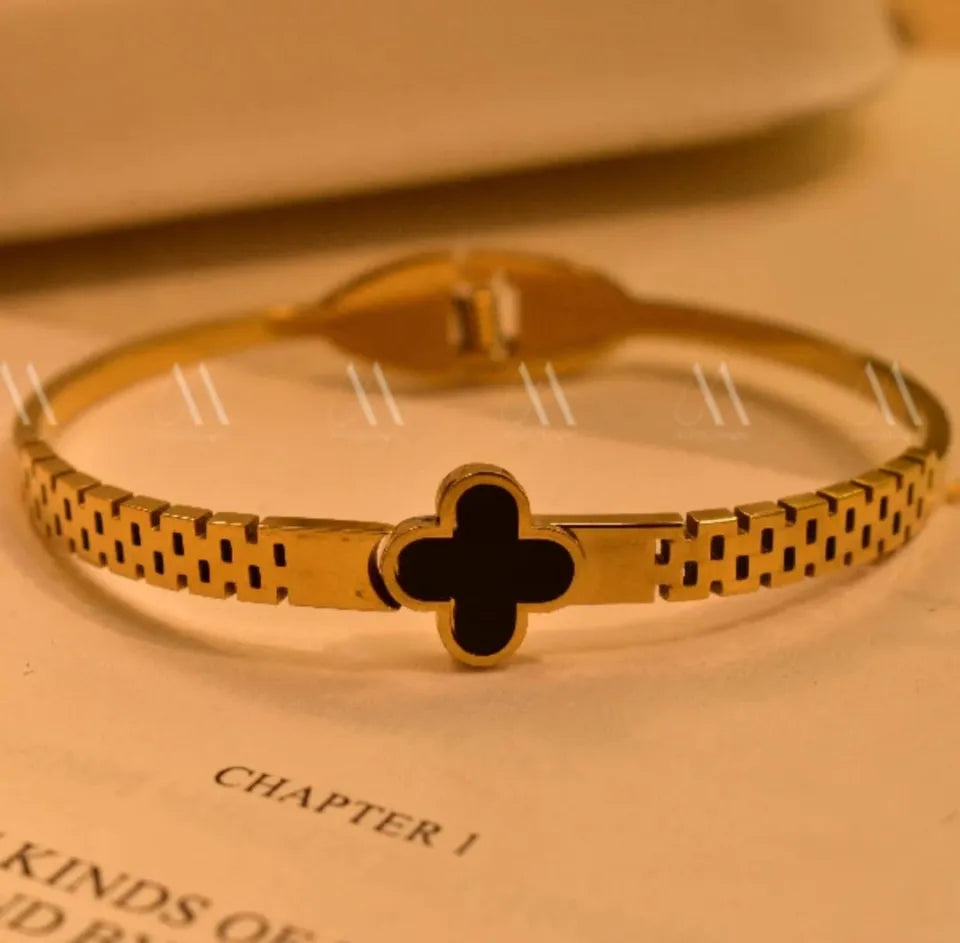 GK-020 Golden Karra with 1 Small Leaf, Openable Arm Bangle, Premium Quality, Beautiful Shiny Elegant, Stainless Steel Arm Bangle.