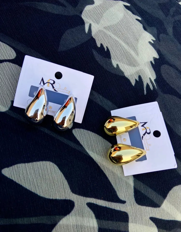 Tear Drop Earrings Golden & Silver Glossy Shine Earrings, Chunky Dome Drop Hallow Stud