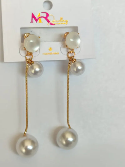 D-10 Twin Pearl Earrings with Gemstone & Golden Chain Shine Earrings| Double Pearl Drop Earrings Trendy Fashion | Light Weight for Ladies / Girls / Women / Artificial Jewelry