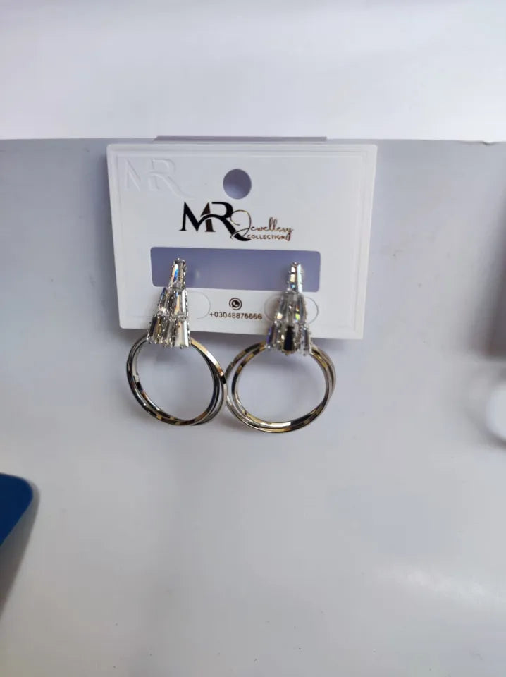 TSE-112 Triangular Stonework Earrings with twin Rings | Drop Earrings Trendy Fashion | Light Weight for Ladies / Girls / Women / Artificial Jewelry
