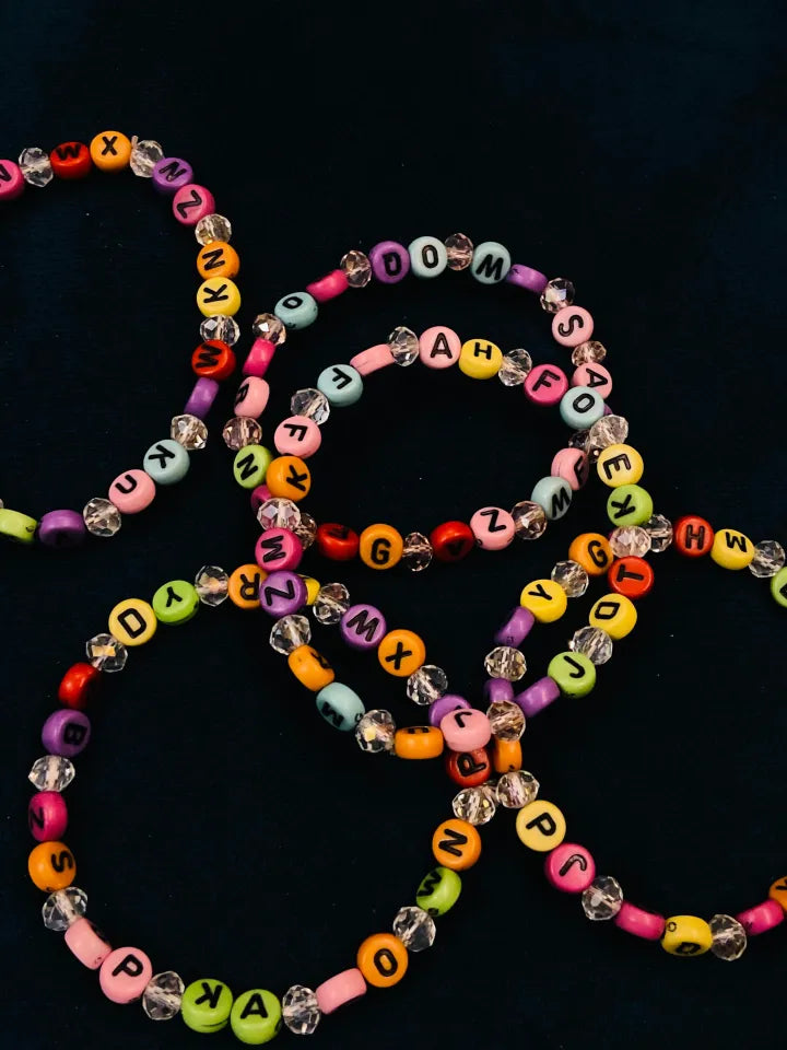 EB-060-ABC Alphabet Multicolor Beads Bracelet, Hand Wrapped Band, Unisex Wrist Band, Elasticated, Very Light weight for Boys & Girls
