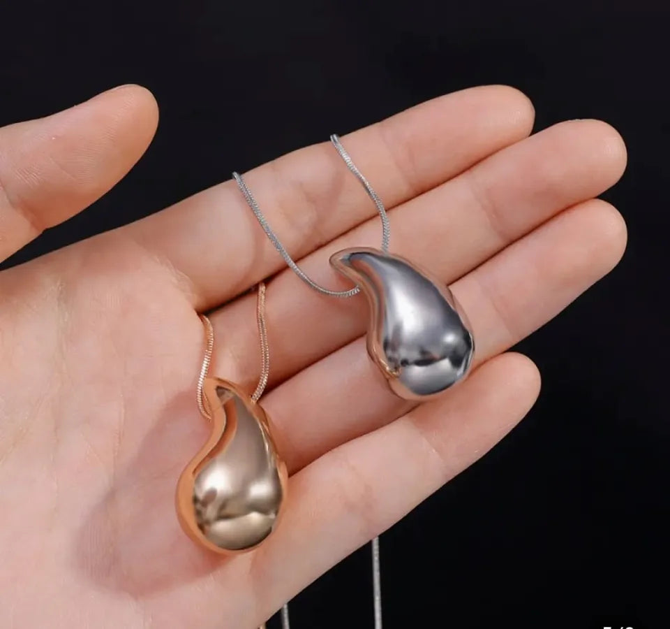 Tear Drop Pendant / Locket / Necklace with Chain, Golden & Silver Glossy Shine, Water Drop Hallow Stud