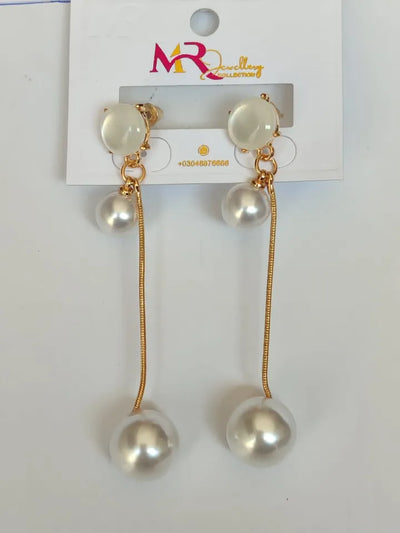 D-10 Twin Pearl Earrings with Gemstone & Golden Chain Shine Earrings| Double Pearl Drop Earrings Trendy Fashion | Light Weight for Ladies / Girls / Women / Artificial Jewelry