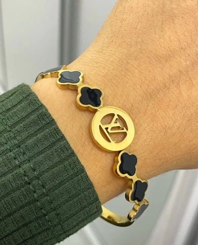 GK-019-LV Golden Karra with LV Logo & Four Leaves, Openable Arm Bangle, Premium Quality, Beautiful Shiny Elegant, Stainless Steel Arm Bangle.
