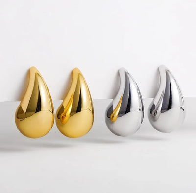 Tear Drop Earrings Golden & Silver Glossy Shine Earrings, Chunky Dome Drop Hallow Stud