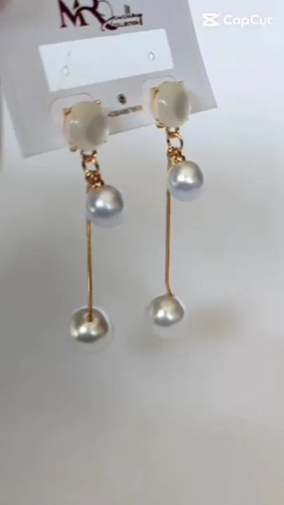 D-10 Twin Pearl Earrings with Gemstone & Golden Chain Shine Earrings| Double Pearl Drop Earrings Trendy Fashion | Light Weight for Ladies / Girls / Women / Artificial Jewelry