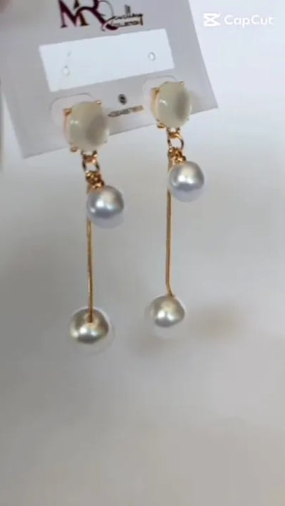D-10 Twin Pearl Earrings with Gemstone & Golden Chain Shine Earrings| Double Pearl Drop Earrings Trendy Fashion | Light Weight for Ladies / Girls / Women / Artificial Jewelry