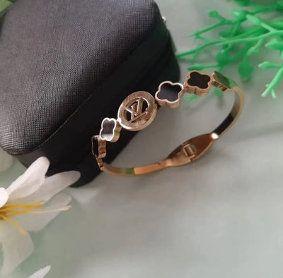 GK-019-LV Golden Karra with LV Logo & Four Leaves, Openable Arm Bangle, Premium Quality, Beautiful Shiny Elegant, Stainless Steel Arm Bangle.