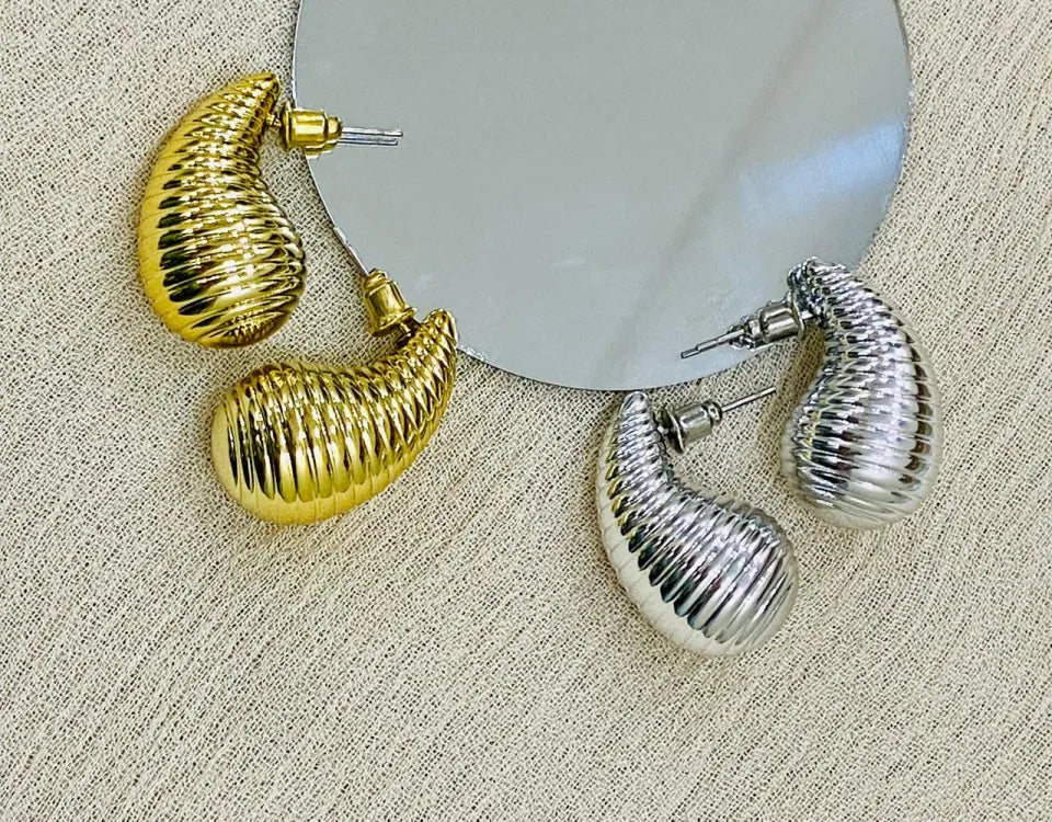 Tear Drop Earrings Golden & Silver Glossy Shine Earrings, Chunky Dome Drop Hallow Stud