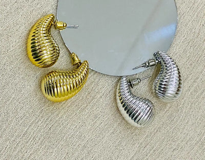 Tear Drop Earrings Golden & Silver Glossy Shine Earrings, Chunky Dome Drop Hallow Stud