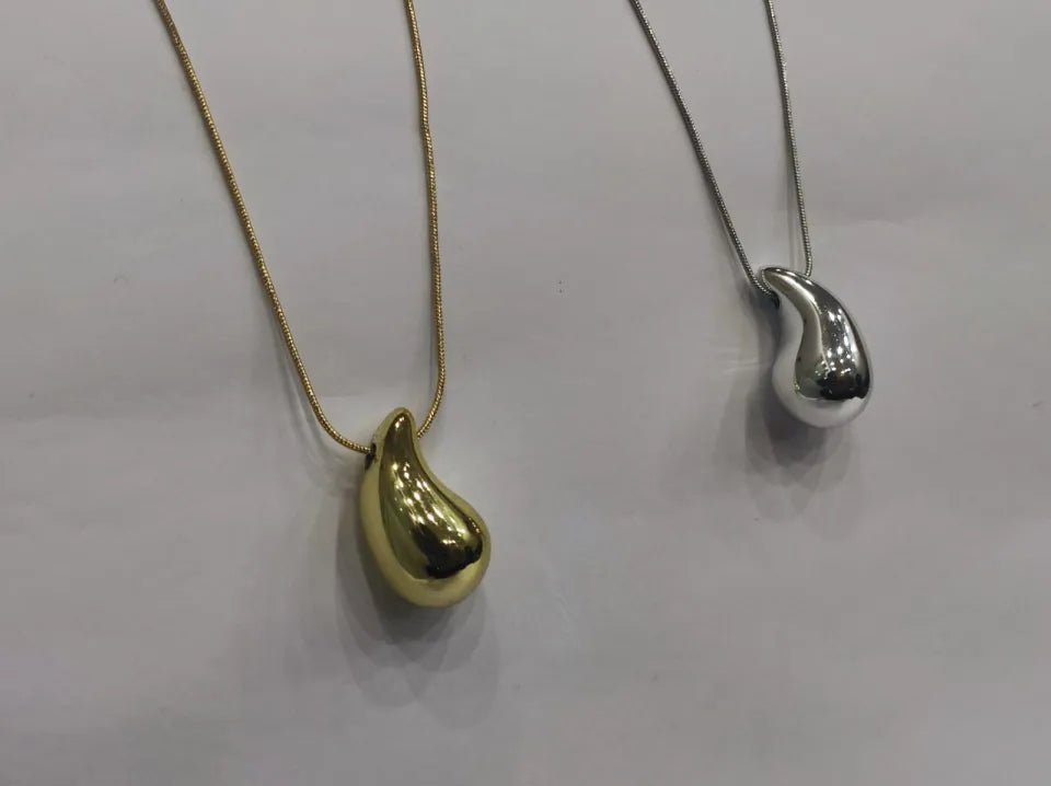Tear Drop Pendant / Locket / Necklace with Chain, Golden & Silver Glossy Shine, Water Drop Hallow Stud