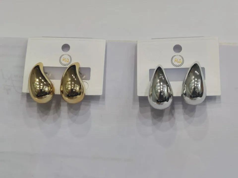 Tear Drop Earrings Golden & Silver Glossy Shine Earrings, Chunky Dome Drop Hallow Stud