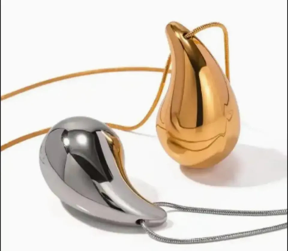 Tear Drop Pendant / Locket / Necklace with Chain, Golden & Silver Glossy Shine, Water Drop Hallow Stud