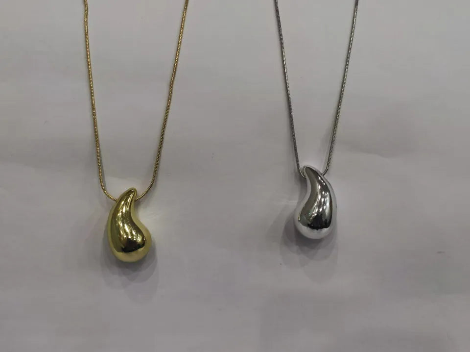 Tear Drop Pendant / Locket / Necklace with Chain, Golden & Silver Glossy Shine, Water Drop Hallow Stud