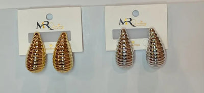D-08 Grooved Tear Drop Earrings 3.8cm Golden & Silver Glossy Shine Earrings, Chunky Dome Drop Hallow Stud Design.