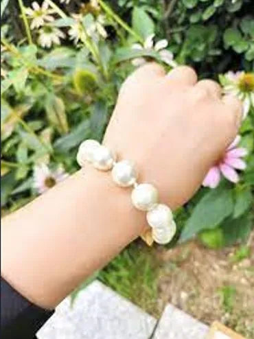 Retro Pearl Bracelet & Hair Tie for Girls & Women Elasticated 24cm x 1.5 cm (Big Pearl wrist band) Pearl White Color