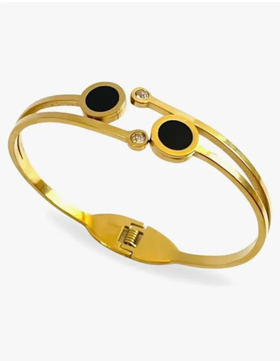 GK-015 Golden Karra with Double Crystal & Black Circles, Openable Arm Bangle, Premium Quality, Beautiful Shiny Elegant, Stainless Steel.