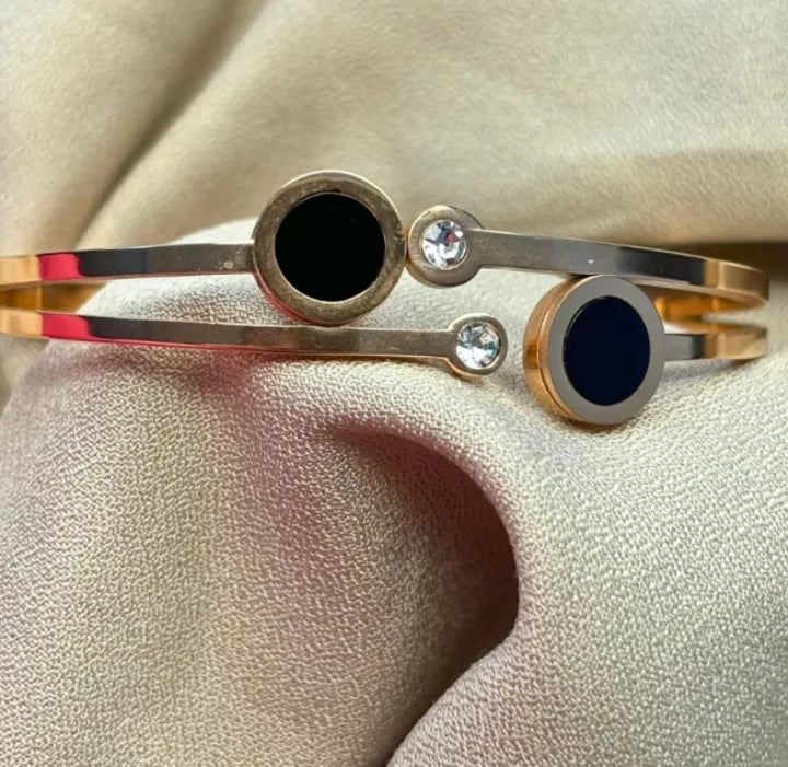 GK-015 Golden Karra with Double Crystal & Black Circles, Openable Arm Bangle, Premium Quality, Beautiful Shiny Elegant, Stainless Steel.