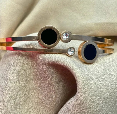 GK-015 Golden Karra with Double Crystal & Black Circles, Openable Arm Bangle, Premium Quality, Beautiful Shiny Elegant, Stainless Steel.