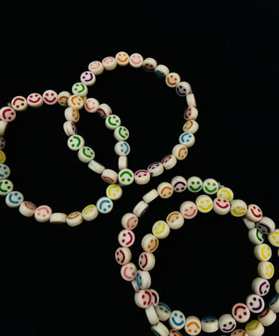 EB-059-MCLR Smiley Emoji White Multicolor Beads Bracelet, Hand Wrapped Band, Unisex Wrist Band, Elasticated, Very Light weight for Boys & Girls
