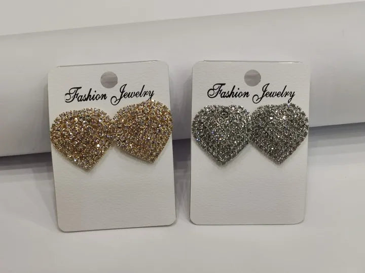 Heart Shape Rhinestone Earrings, Stylish, Fancy, Fashion Trendy, Golden, Silver, Elegant Studs.