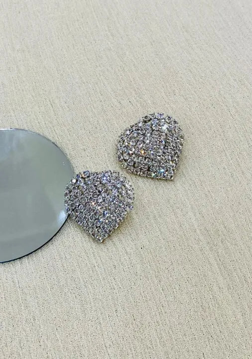 Heart Shape Rhinestone Earrings, Stylish, Fancy, Fashion Trendy, Golden, Silver, Elegant Studs.
