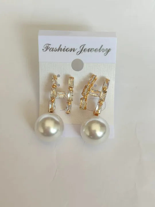 PEH-111 Pearl Earrings with Gemstones in H-Shape | Pearl Drop Earrings Trendy Fashion | Light Weight for Ladies / Girls / Women / Artificial Jewelry