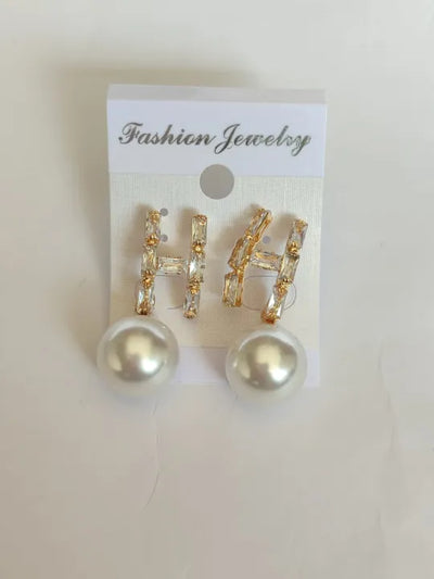 PEH-111 Pearl Earrings with Gemstones in H-Shape | Pearl Drop Earrings Trendy Fashion | Light Weight for Ladies / Girls / Women / Artificial Jewelry