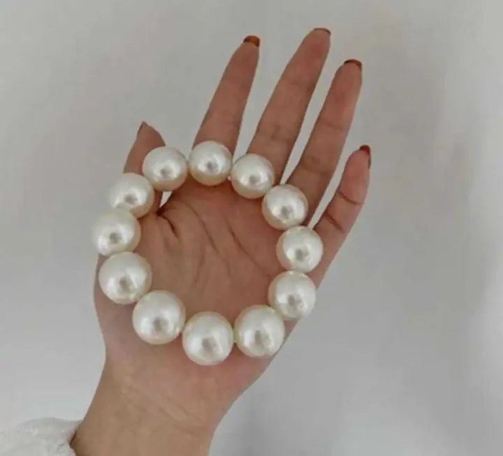 Retro Pearl Bracelet & Hair Tie for Girls & Women Elasticated 24cm x 1.5 cm (Big Pearl wrist band) Pearl White Color