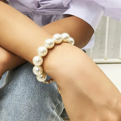 Retro Pearl Bracelet & Hair Tie for Girls & Women Elasticated 24cm x 1.5 cm (Big Pearl wrist band) Pearl White Color