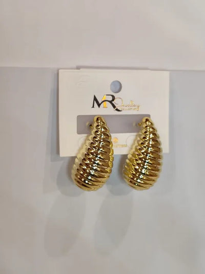 D-08 Grooved Tear Drop Earrings 3.8cm Golden & Silver Glossy Shine Earrings, Chunky Dome Drop Hallow Stud Design.