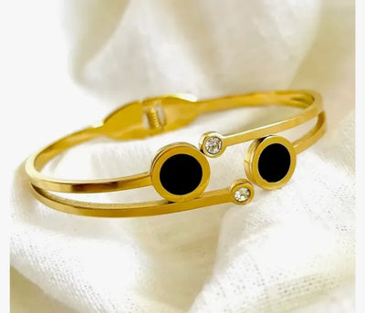 GK-015 Golden Karra with Double Crystal & Black Circles, Openable Arm Bangle, Premium Quality, Beautiful Shiny Elegant, Stainless Steel.