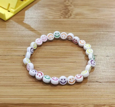 EB-059-MCLR Smiley Emoji White Multicolor Beads Bracelet, Hand Wrapped Band, Unisex Wrist Band, Elasticated, Very Light weight for Boys & Girls