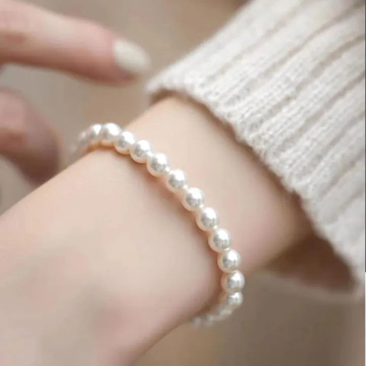 EB-056-Pearl White 6mm Beads Bracelet, Hand Wrapped Band, Unisex Wrist Band, Elasticated, Very Light weight for Boys & Girls