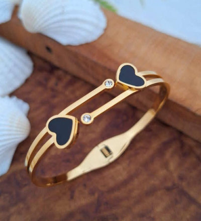 GK-018 Golden Karra with Two Hearts, Openable Arm Bangle, Premium Quality, Beautiful Shiny Elegant, Stainless Steel Arm Bangle.