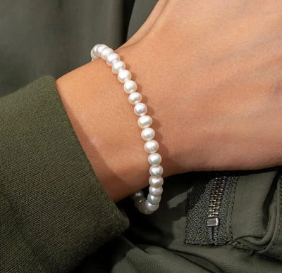 EB-056-Pearl White 6mm Beads Bracelet, Hand Wrapped Band, Unisex Wrist Band, Elasticated, Very Light weight for Boys & Girls
