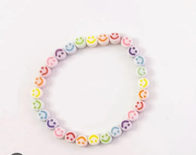 EB-059-MCLR Smiley Emoji White Multicolor Beads Bracelet, Hand Wrapped Band, Unisex Wrist Band, Elasticated, Very Light weight for Boys & Girls
