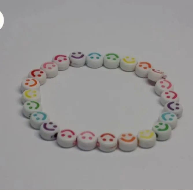 EB-059-MCLR Smiley Emoji White Multicolor Beads Bracelet, Hand Wrapped Band, Unisex Wrist Band, Elasticated, Very Light weight for Boys & Girls