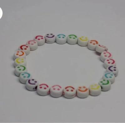 EB-059-MCLR Smiley Emoji White Multicolor Beads Bracelet, Hand Wrapped Band, Unisex Wrist Band, Elasticated, Very Light weight for Boys & Girls