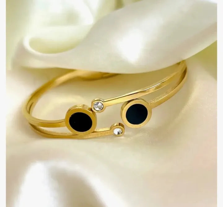GK-015 Golden Karra with Double Crystal & Black Circles, Openable Arm Bangle, Premium Quality, Beautiful Shiny Elegant, Stainless Steel.