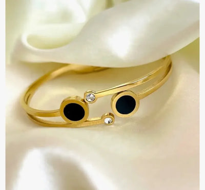 GK-015 Golden Karra with Double Crystal & Black Circles, Openable Arm Bangle, Premium Quality, Beautiful Shiny Elegant, Stainless Steel.