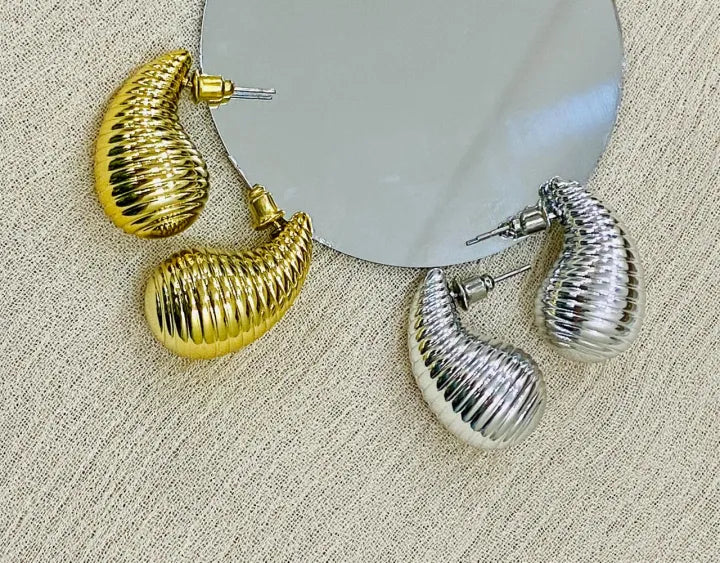 Tear Drop Earrings Golden & Silver Glossy Shine Earrings, Chunky Dome Drop Hallow Stud
