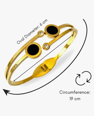 GK-015 Golden Karra with Double Crystal & Black Circles, Openable Arm Bangle, Premium Quality, Beautiful Shiny Elegant, Stainless Steel.