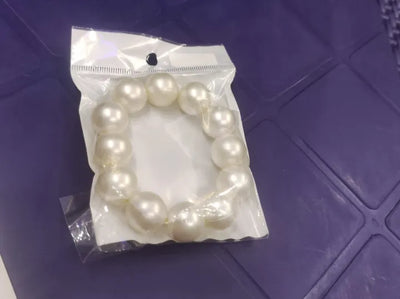 Retro Pearl Bracelet & Hair Tie for Girls & Women Elasticated 24cm x 1.5 cm (Big Pearl wrist band) Pearl White Color