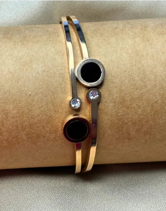 GK-015 Golden Karra with Double Crystal & Black Circles, Openable Arm Bangle, Premium Quality, Beautiful Shiny Elegant, Stainless Steel.